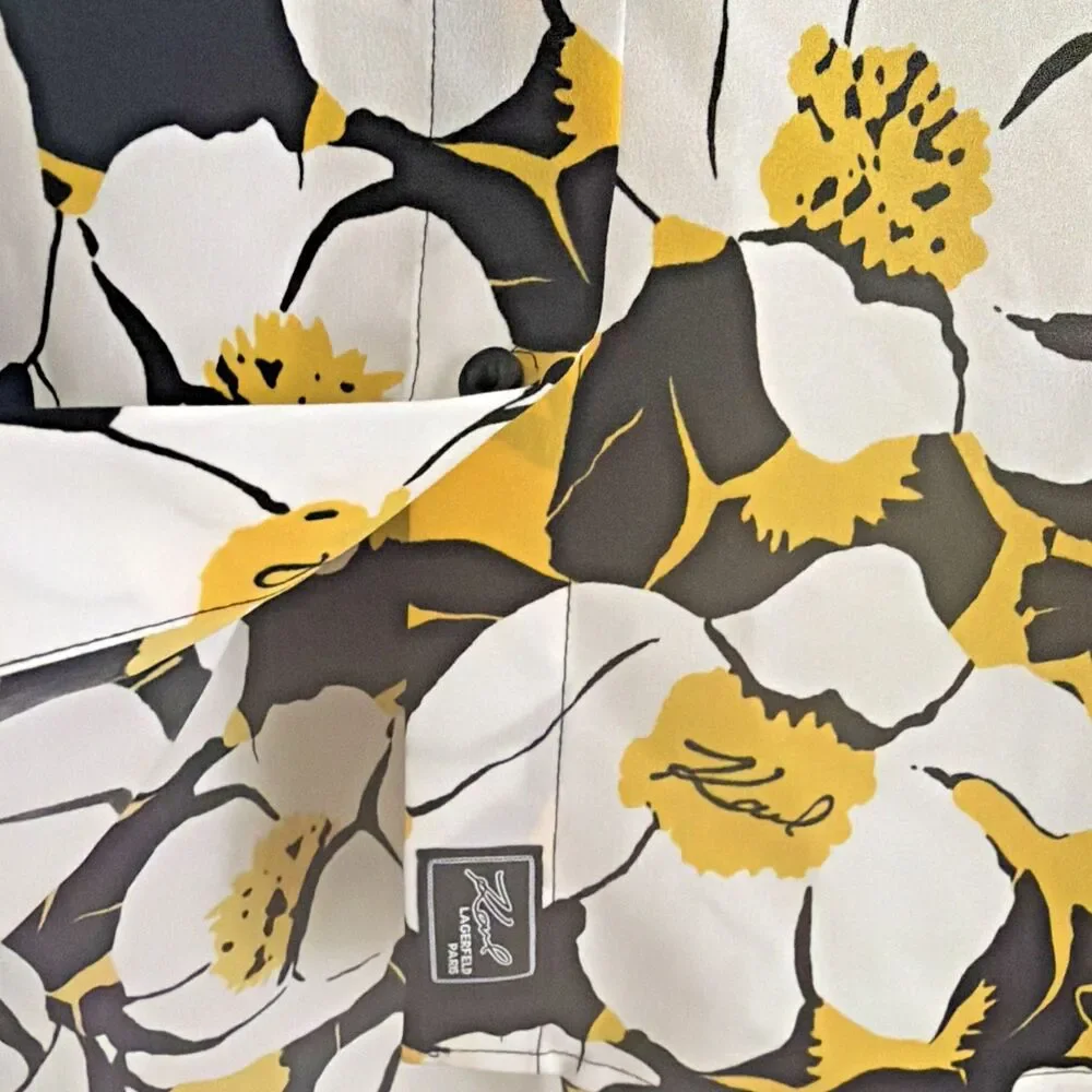 Karl Lagerfeld Paris Women's Floral Button Front Blouse White Black Yellow XL - Picture 6 of 11